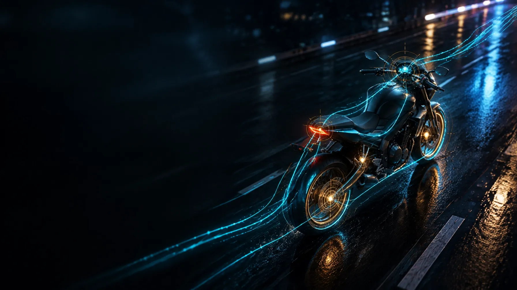 Motorcycle travelling through a connected data environment at night