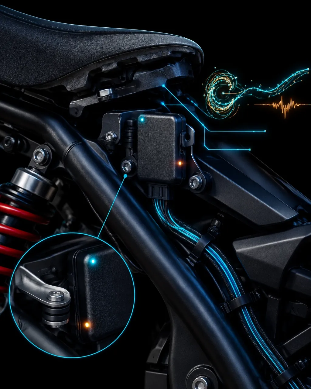Weatherproof motorcycle telematics device professionally fitted beneath a motorcycle seat